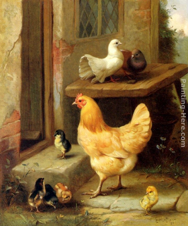 Edgar Hunt A Hen, Chicks And Pigeons